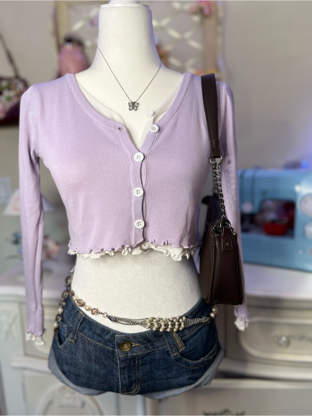 Lilac Ruffle-Trim Cropped Button Cardigan Top - Picture 2 of 5